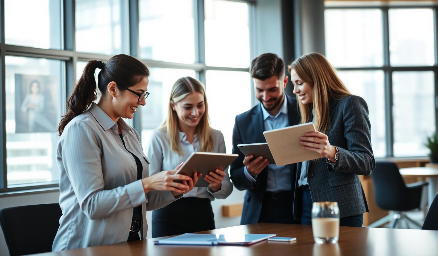 Equipe usando ferramentas digitais em escritório moderno